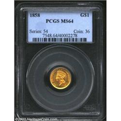 1858 G$1 MS64 PCGS. Lustrous and bright with pink-golden color and no marks save a few scattered hai