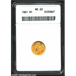 1861 G$1 MS63 ANACS. A sharply impressed, Choice quality type candidate, the orange-gold surfaces ar