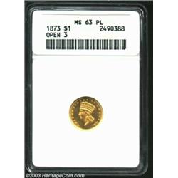 1873 G$1 Open 3 MS63 Prooflike ANACS. Well struck aside from CA in AMERICA. The obverse has a few ve