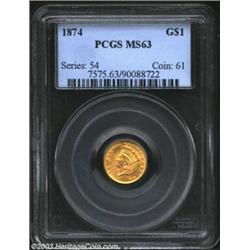 1874 G$1 MS63 PCGS. Light golden in color, this Philadelphia issue displays a bold strike and just a
