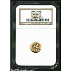 1889 G$1 MS65 NGC. Pale golden-rose color blankets lustrous, glistening surfaces. With a razor sharp