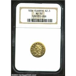 1834 $2 1/2 Classic AU55 NGC. Large Head. McCloskey-C. Breen-6140. R.6. This variety is most easily.