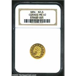 1834 $2 1/2 Classic MS62 NGC. Small Head, Breen-6138, R.2. This coin is a typical 1834 Small Head Cl