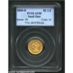 1843-O $2 1/2 Small Date AU50 PCGS. It is easy to differentiate between the Large and Small Date, si