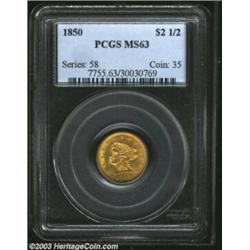 1850 $2 1/2 MS63 PCGS. This issue's original mintage of 252,923 pieces is sizeable for a Quarter Eag