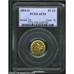 1854-O $2 1/2 AU53 PCGS. A fairly common date among early Coronet quarter eagles, this is an unclash