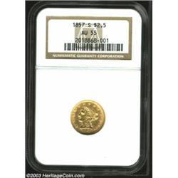 1857-S $2 1/2 AU55 NGC. Despite a relatively high original mintage of 69,200 pieces, the 1857-S is a