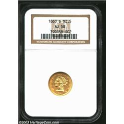 1860-S $2 1/2 AU58 NGC. Repunched Date. Breen-6255, "rare." Remnants of previously punched digits ar