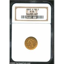 1862-S $2 1/2 Fine 15 NGC. This softly struck and lightly abraded Quarter Eagle retains hints of min