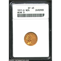 1911-D $2 1/2 Weak D XF45 ANACS. This richly colored example exhibits honey-gold color with splashes