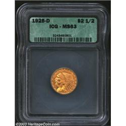 1925-D $2 1/2 MS63 ICG. Thick, rich, satiny luster covers both sides of this Choice Quarter Eagle. I