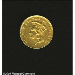1858 $3 AU50 Whizzed Uncertified. A boldly detailed piece that is presentable despite the lightly re