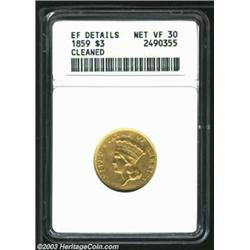 1859 $3--Cleaned--ANACS. XF Details, Net VF30. A glossy example with mild highpoint wear and a few u