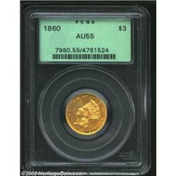 1860 $3 AU55 PCGS. One of just 7,155 pieces produced, this green-gold coin is a lightly worn survivo