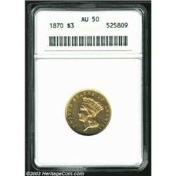 1870 $3 AU50 ANACS. Bright and lustrous with reflective surfaces. A reverse copper spot is seen by t