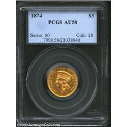 1874 $3 AU58 PCGS. Bright luster outlines the legends and devices. The fields have honey-gold patina