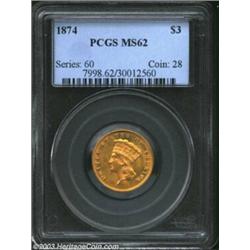 1874 $3 MS62 PCGS. Rich reddish patina overlays each side of this Mint State example. A trifle softl