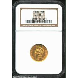 1878 $3 AU58 NGC. This orange-gold type candidate is partially lustrous in the more protected areas.