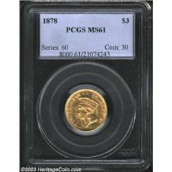1878 $3 MS61 PCGS. Sharply struck with bright yellow-gold and pink-gold color, with just a few too m