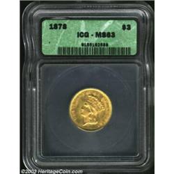 1878 $3 MS63 ICG. Bright, yellow-gold surfaces with mint frost that shows no trace of the semi-proof