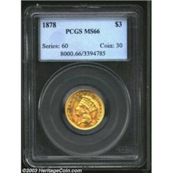 1878 $3 MS66 PCGS. The 1878 boasts the second highest mintage (82,324 pieces) in the Three Dollar Go