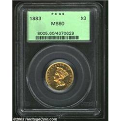1883 $3 MS60 PCGS. This is an obviously important Mint State survivor of a Three Dollar gold piece w