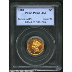 1881 $3 PR62 Cameo PCGS. An immensely desirable issue, the 1881 Three Dollar boasts a limited mintag