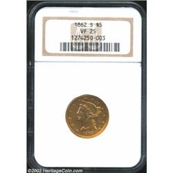 1862-S $5 VF25 NGC. The rarity of this S-mint Liberty Half Eagle permeates the grading scale. Althou