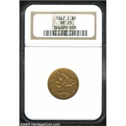 1867-S $5 VF25 NGC. A typically struck Half Eagle with refreshingly unabraded surfaces and pleasing.