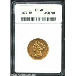 1870 $5 XF40 ANACS. The obverse rim has a minor depression at 9 o'clock. Typically struck, but with.