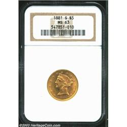 1881-S $5 MS63 NGC. Even luster shimmers on both sides, its movement unhindered by the presence of m