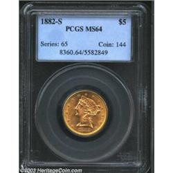 1882-S $5 MS64 PCGS. A highly lustrous and sharply struck near-Gem that has beautifully preserved fi