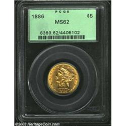 1886 $5 MS62 PCGS. A boldly struck piece with good luster and only lightly abraded fields. The F in.