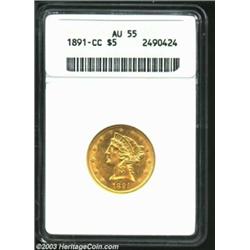 1891-CC $5 AU55 ANACS. A bright, fully lustrous, and ever-so-lightly circulated example of this endl
