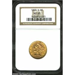 1893-S $5 MS63 NGC. Nicely preserved with satiny luster and just a few isolated nicks on the obverse