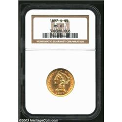 1897-S $5 MS61 NGC. Bright and well struck with a few abrasions scattered over each side. Important.