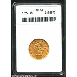 1899 $5 AU58 ANACS. This sharply detailed, minimally rubbed survivor is richly colored in orange-gol