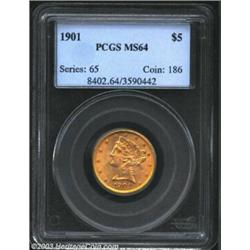 1901 $5 MS64 PCGS. Vivid pumpkin-orange color covers both sides of this well struck near-Gem. There.