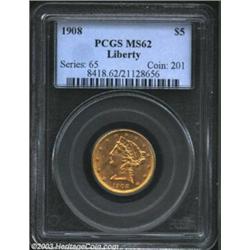 1908 $5 MS62 PCGS. Lustrous, bright, and boldly struck. The surfaces show some scattered marks, but.