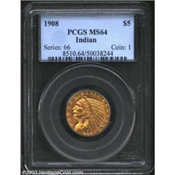 1908 $5 MS64 PCGS. A boldly struck orange-gold example with traces of rose patina here and there. Th