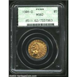 1908-D $5 MS62 PCGS. Rich, original, orange-gold color blankets both sides and gives way to golden-r