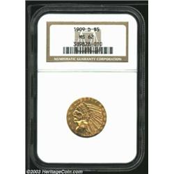 1909-D $5 MS62 NGC. This Uncirculated type candidate exhibits a golden-rose sheen with scattered bag