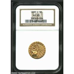 1909-D $5 MS63 NGC. Sharply impressed and nicely preserved, this example is of good quality for the.