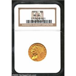 1910 $5 MS64 NGC. Like the other relatively common dates in the Indian Half Eagle series of 1908-192