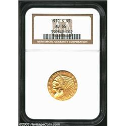 1910-S $5 AU55 NGC. A nice coin for the grade, slightly subdued in terms of color and luster, with s