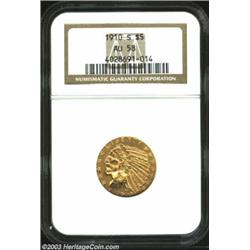 1910-S $5 AU58 NGC. Even in color with nearly full luster and no mentionable markings. A well-struck
