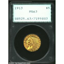 1913 $5 MS63 PCGS. Sharply struck throughout with good luster for the grade and bright reddish-golde