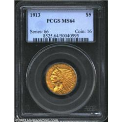 1913 $5 MS64 PCGS. Like the 1912, to which is compares favorably in terms of both overall and high g