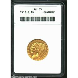 1913-S $5 AU55 ANACS. A nice, lightly circulated yet problem-free example of this popular San Franci