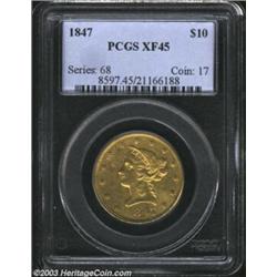 1847 $10 XF45 PCGS. This moderately abraded piece has a reasonable strike and noticeable peripheral.